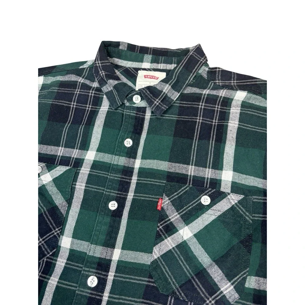 Levi's Men's Green Plaid Flannel Shirt Long Sleeve Double Pocket Cotton Size L
